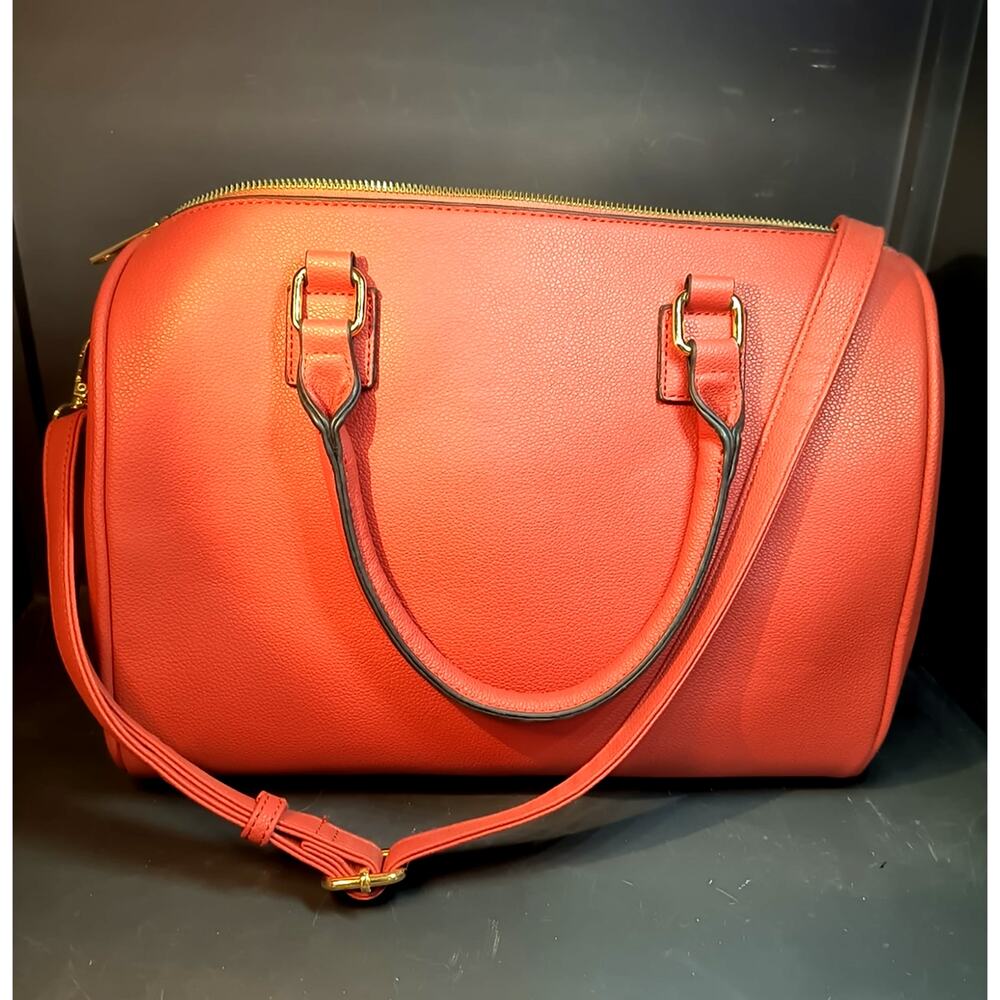 2140. Like New Coral Red Faux Leather Satchel Bag Top Handles Shoulder Strap
